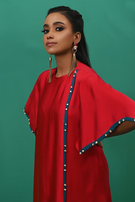 Shop_Xoxo Apurva_Red Crepe Round Neck Asymmetric Tunic And Draped Pant Set _Online_at_Aza_Fashions