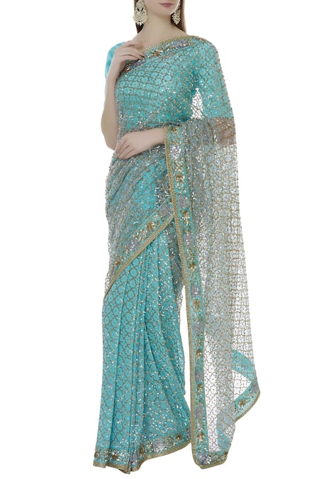 Suneet Varma Blue Net Embroidered Saree With Unstitched Blouse Fabric