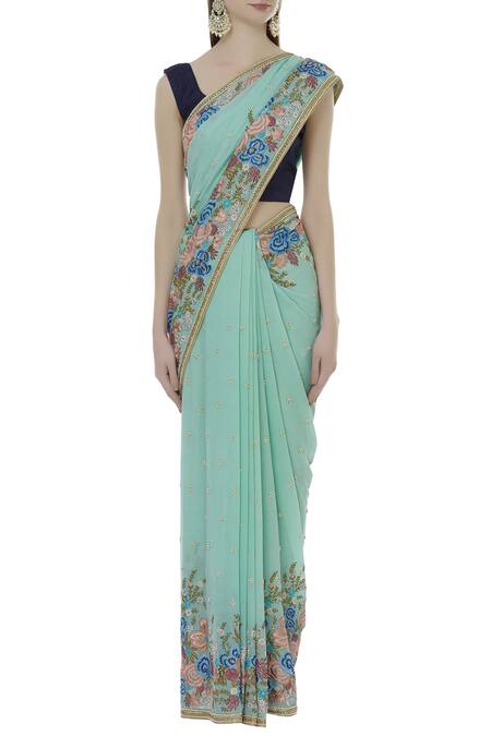 Suneet Varma_Green Georgette Embroidered Saree With Unstitched Blouse Fabric_Online_at_Aza_Fashions