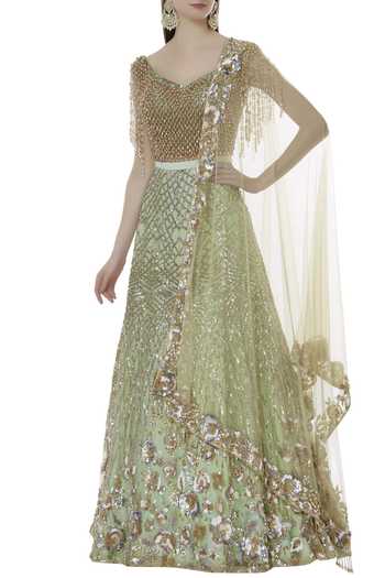 Suneet Varma_Green Net Embroidered Lehenga Set_Online_at_Aza_Fashions