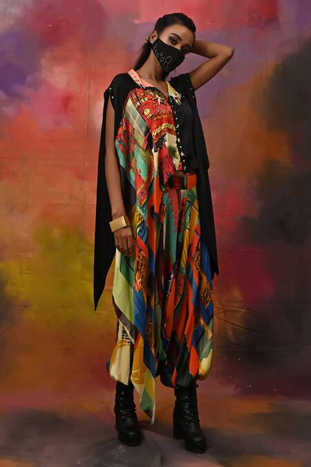 Xoxo Apurva_Multi Color Crepe Band Collar Half Printed Top And Draped Pant Set _Online_at_Aza_Fashions