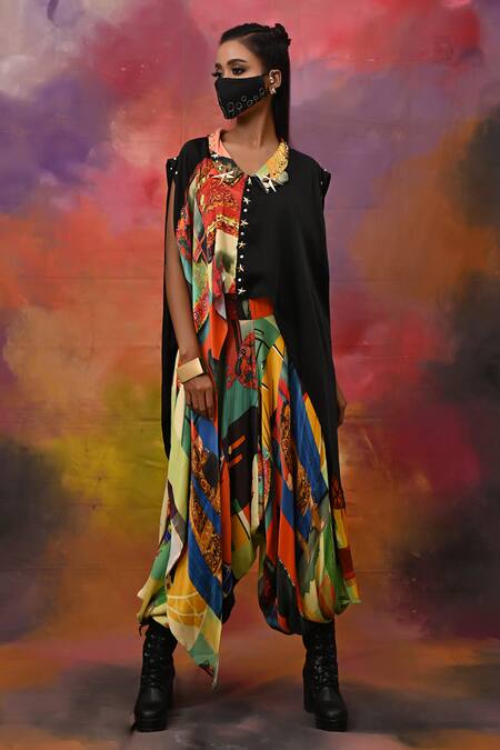 Buy_Xoxo Apurva_Multi Color Crepe Band Collar Half Printed Top And Draped Pant Set _Online_at_Aza_Fashions