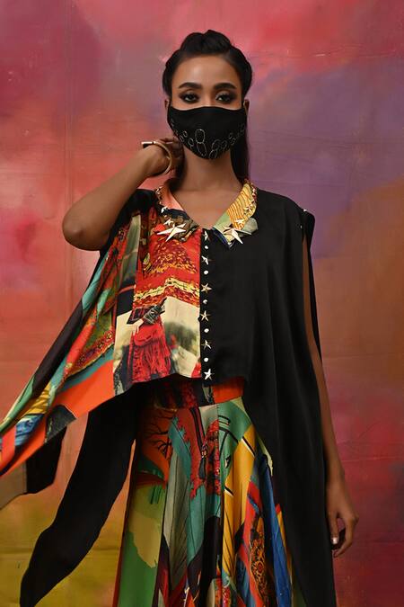 Shop_Xoxo Apurva_Multi Color Crepe Band Collar Half Printed Top And Draped Pant Set _Online_at_Aza_Fashions