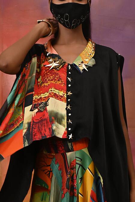 Xoxo Apurva_Multi Color Crepe Band Collar Half Printed Top And Draped Pant Set _at_Aza_Fashions