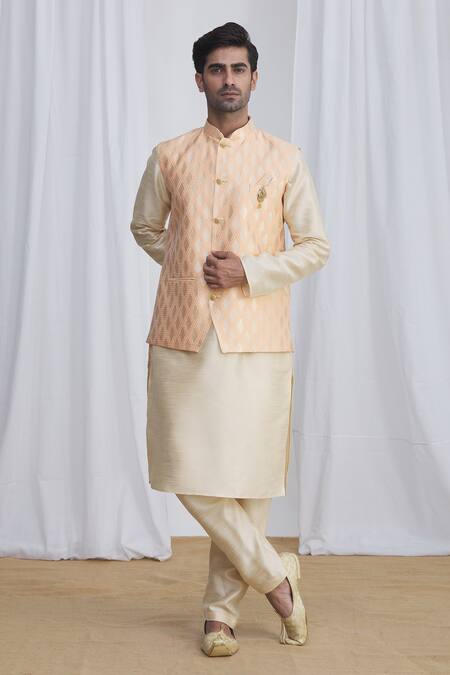 Samyukta Singhania Peach Nehru Jacket And Kurta Jacquard Silk Brocade Pant Banarasi & Set