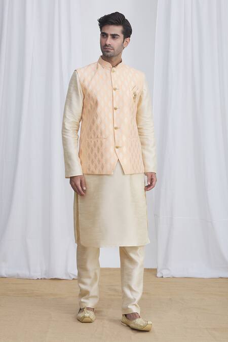 Samyukta Singhania_Peach Nehru Jacket And Kurta Jacquard Silk Brocade Pant Banarasi & Set_Online_at_Aza_Fashions