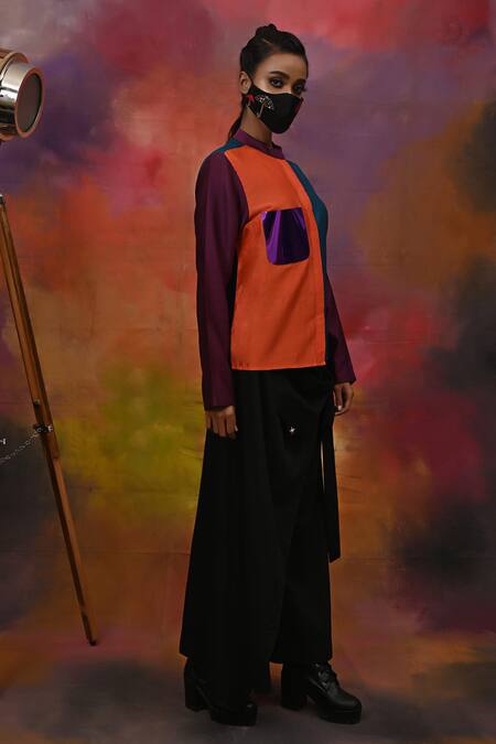 Xoxo Apurva Multi Color Shirt Chanderi Pant Cotton Twill Band Collar And Draped Set Online at Aza Fashions Xoxo Apurva_Multi Color Shirt Chanderi Pant Cotton Twill Band Collar And Draped Set _Online_at_Aza_Fashions