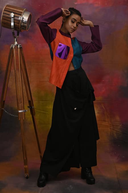 Buy_Xoxo Apurva_Multi Color Shirt Chanderi Pant Cotton Twill Band Collar And Draped Set _Online_at_Aza_Fashions