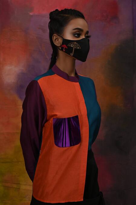 Shop Xoxo Apurva Multi Color Shirt Chanderi Pant Cotton Twill Band Collar And Draped Set Online at Aza Fashions Shop_Xoxo Apurva_Multi Color Shirt Chanderi Pant Cotton Twill Band Collar And Draped Set _Online_at_Aza_Fashions