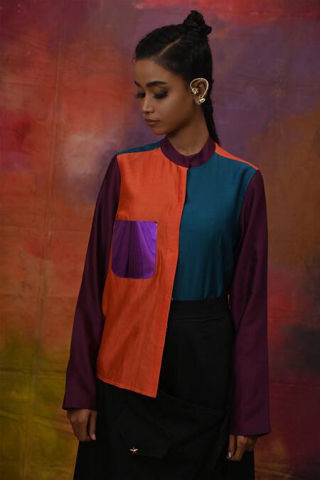 Xoxo Apurva Multi Color Shirt Chanderi Pant Cotton Twill Band Collar And Draped Set at Aza Fashions Xoxo Apurva_Multi Color Shirt Chanderi Pant Cotton Twill Band Collar And Draped Set _at_Aza_Fashions