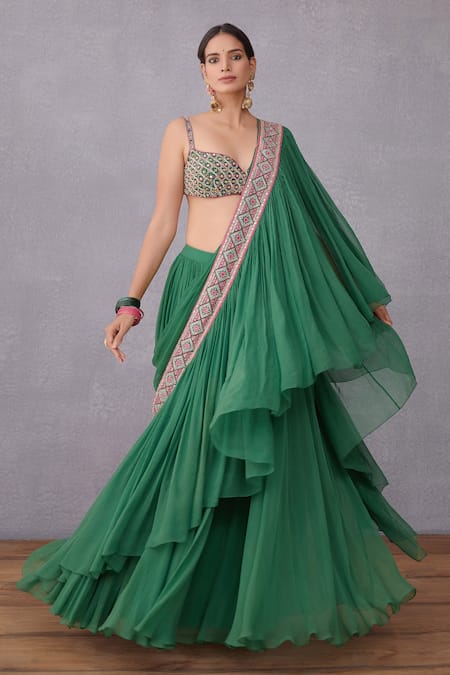 Soft Premium Net Party Wear Lehenga Saree In Green With Crystal Stone Work  - Sale