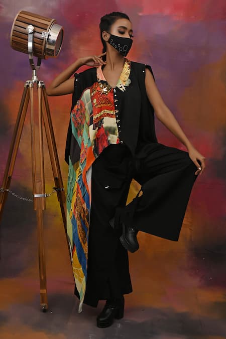 Xoxo Apurva_Multi Color Crepe Band Collar Abstract Print Top And Draped Pant Set _Online_at_Aza_Fashions