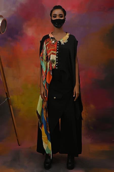 Buy_Xoxo Apurva_Multi Color Crepe Band Collar Abstract Print Top And Draped Pant Set _Online_at_Aza_Fashions