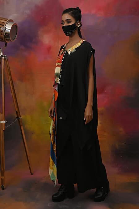 Shop_Xoxo Apurva_Multi Color Crepe Band Collar Abstract Print Top And Draped Pant Set _Online_at_Aza_Fashions