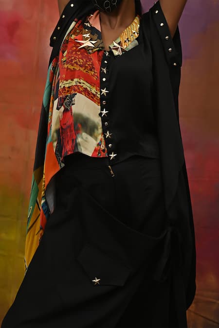 Xoxo Apurva_Multi Color Crepe Band Collar Abstract Print Top And Draped Pant Set _at_Aza_Fashions