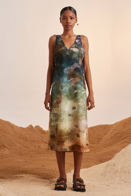 Cord_Blue Rayon V-neck Zen Underwater Print Dress_Online_at_Aza_Fashions