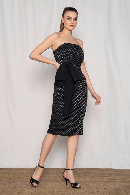 Shop_Amrta By Guneet Kondal_Black Viscose, Georgette Bows Off-shoulder, Bandeau Neck Embroidered Midi Dress_Online_at_Aza_Fashions