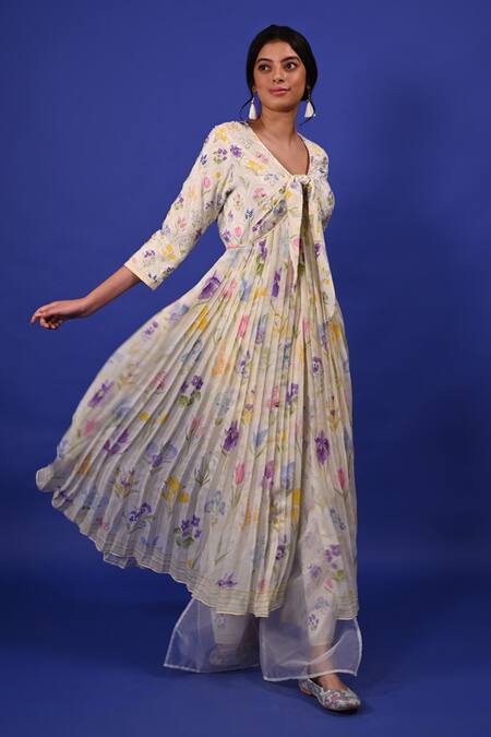 Buy Rimi Nayak White Modal, Crepe, Organza, Cotton, Silk Assorted Floral Print Pleated Kurta Online at Aza Fashions Buy_Rimi Nayak_White Modal, Crepe, Organza, Cotton, Silk Assorted Floral Print Pleated Kurta _Online_at_Aza_Fashions