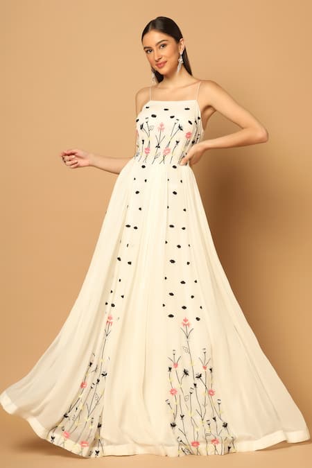 Two Sisters By Gyans_White Georgette Beads, Sequins Square Neck Floral Hand Embroidered Panelled Gown _Online_at_Aza_Fashions