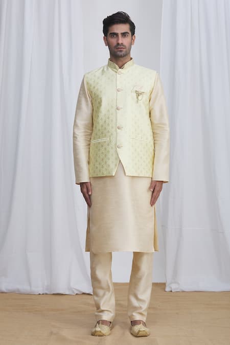 Buy_Arihant Rai Sinha_Green Silk, Brocade Embroidery Floral Motif Jacquard Nehru Jacket _Online_at_Aza_Fashions