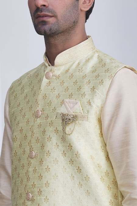 Shop_Arihant Rai Sinha_Green Silk, Brocade Embroidery Floral Motif Jacquard Nehru Jacket _Online_at_Aza_Fashions