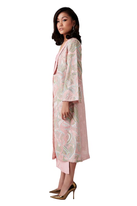 Amaare_Pink Taffeta Embroidery Open Embellished Jacket And Skirt Set _Online_at_Aza_Fashions