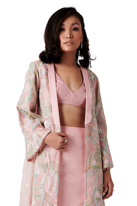 Buy_Amaare_Pink Taffeta Embroidery Open Embellished Jacket And Skirt Set _Online_at_Aza_Fashions