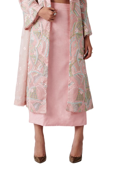 Shop_Amaare_Pink Taffeta Embroidery Open Embellished Jacket And Skirt Set _Online_at_Aza_Fashions