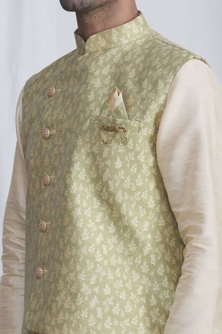 Shop Arihant Rai Sinha Green Silk Embroidery Floral Woven Bundi Online at Aza Fashions Shop_Arihant Rai Sinha_Green Silk Embroidery Floral Woven Bundi _Online_at_Aza_Fashions