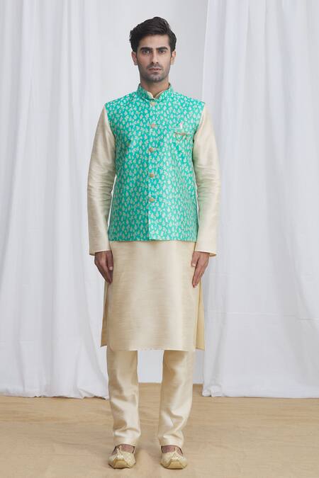 Samyukta Singhania_Green Lining Faux Satin, Pant Dupion Art Silk, Nehru Jacket Banarasi And Set_Online_at_Aza_Fashions