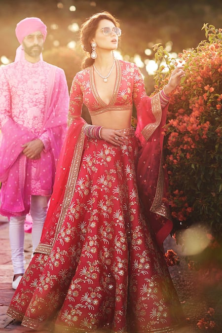 Bollywood Bollywood Sabyasachi Inspired Peach silk wedding lehenga