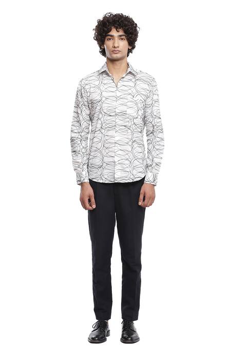 Abraham And Thakore_White Cotton Cambric Squiggle Embroidered Shirt_Online_at_Aza_Fashions