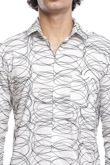 Abraham And Thakore_White Cotton Cambric Squiggle Embroidered Shirt_at_Aza_Fashions