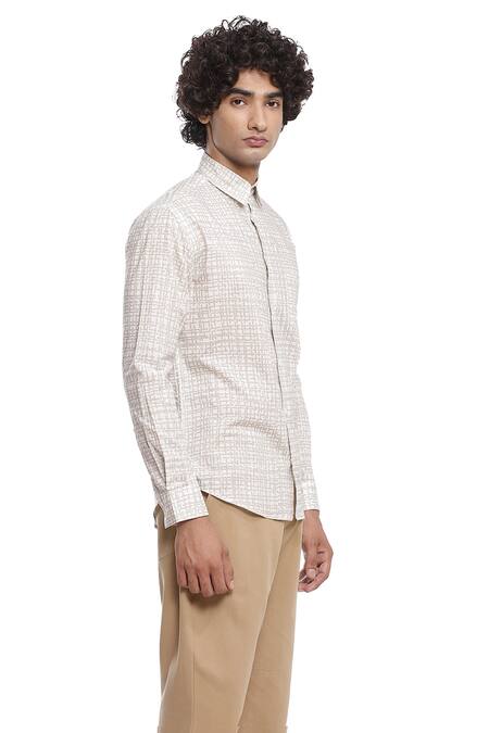 Abraham And Thakore_Beige Cotton Cambric Criss-cross Print Shirt_Online_at_Aza_Fashions