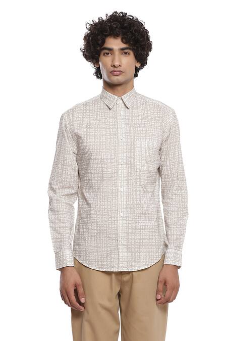 Buy_Abraham And Thakore_Beige Cotton Cambric Criss-cross Print Shirt_Online_at_Aza_Fashions