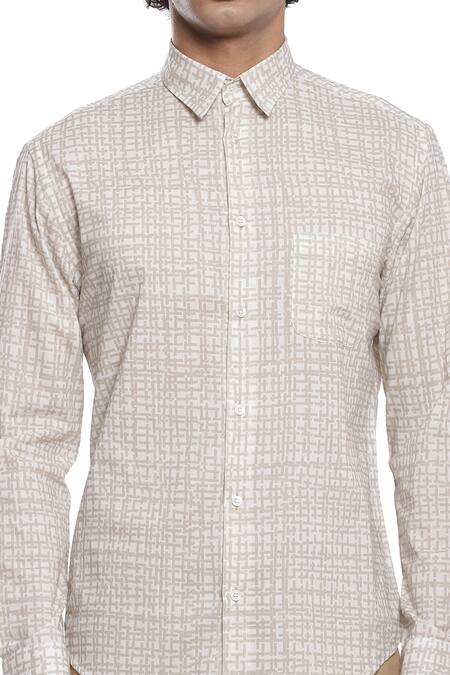 Abraham And Thakore_Beige Cotton Cambric Criss-cross Print Shirt_at_Aza_Fashions