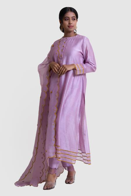 Buy_Brij_Purple Chanderi Silk, Spandex, Organza Embroidery, Applique A-line Kurta Set_Online_at_Aza_Fashions