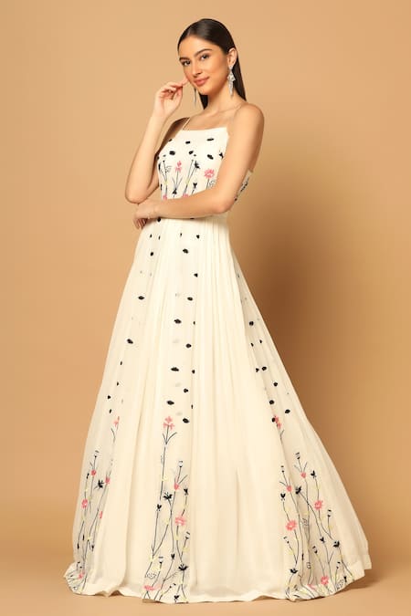 Buy_Two Sisters By Gyans_White Georgette Beads, Sequins Square Neck Floral Hand Embroidered Panelled Gown _Online_at_Aza_Fashions