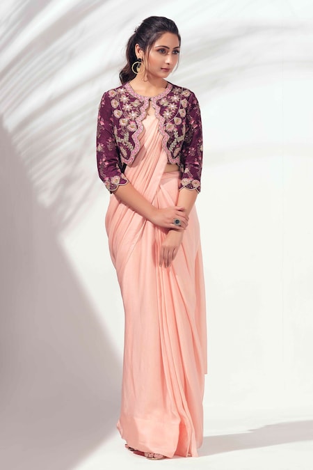 Drape saree wirh blouse, belt & shrug Design by Nidhika shekhar at Modvey |  Modvey | Modvey