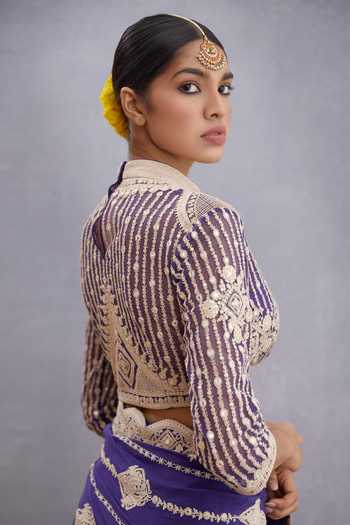 Buy_Torani_Purple Net, Pure Cotton Silk High Neck Jamuni Induma Blouse_Online_at_Aza_Fashions
