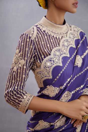Shop_Torani_Purple Net, Pure Cotton Silk High Neck Jamuni Induma Blouse_Online_at_Aza_Fashions