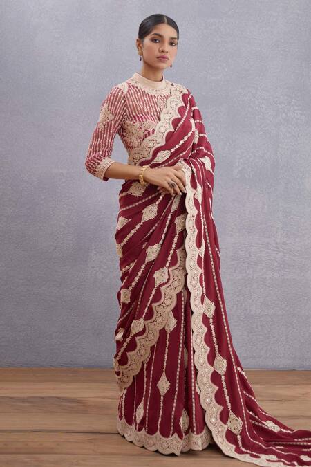 Torani_Red Net, Pure Cotton Silk High Neck Manika Induma Blouse _Online_at_Aza_Fashions