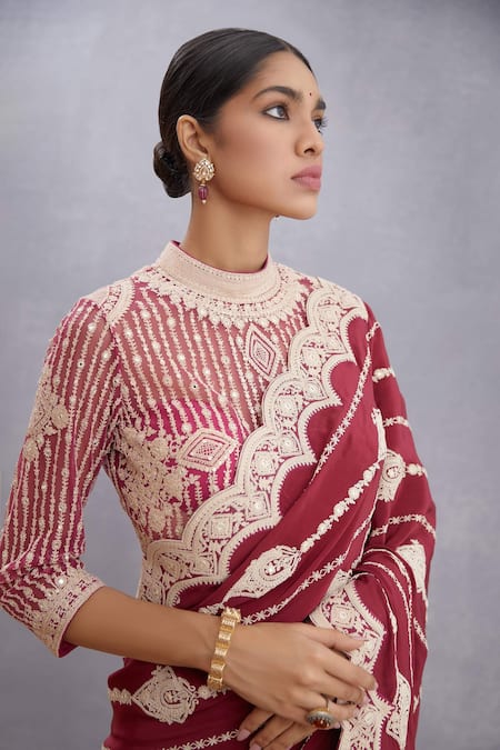 Buy_Torani_Red Net, Pure Cotton Silk High Neck Manika Induma Blouse _Online_at_Aza_Fashions