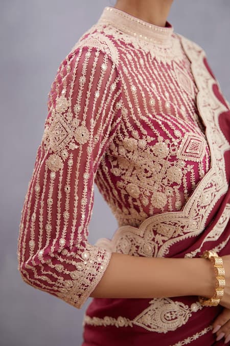 Torani_Red Net, Pure Cotton Silk High Neck Manika Induma Blouse _at_Aza_Fashions