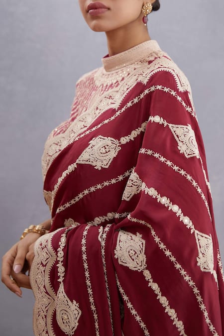 Torani_Red Original Crepe, Pure Cotton Manika Induma Saree _Online_at_Aza_Fashions