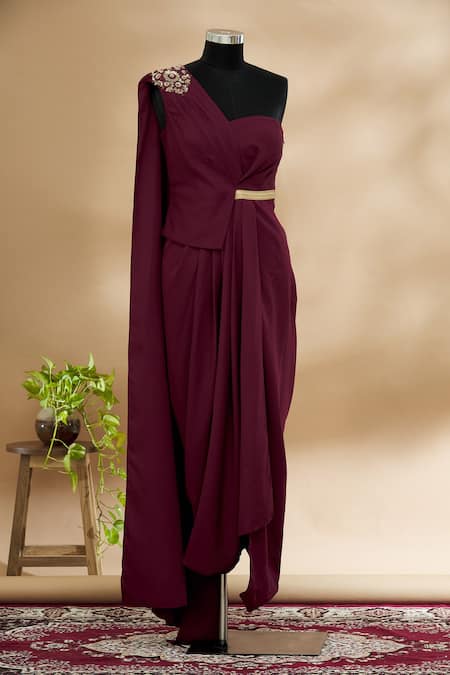 Tarun Tahiliani Maroon One Shoulder Draped Jumpsuit