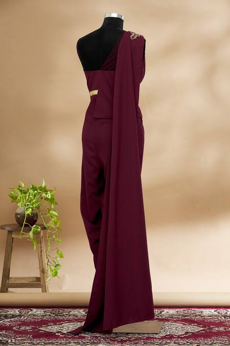 Shop Tarun Tahiliani Maroon One Shoulder Draped Jumpsuit at Aza Fashions Shop_Tarun Tahiliani_Maroon One Shoulder Draped Jumpsuit_at_Aza_Fashions