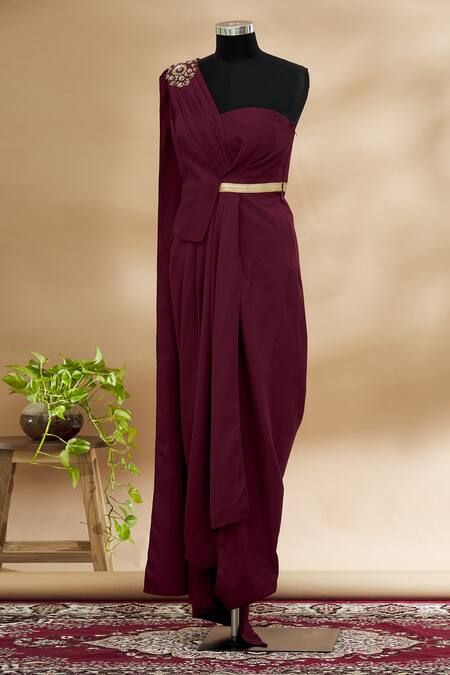 Tarun Tahiliani Maroon One Shoulder Draped Jumpsuit Online at Aza Fashions Tarun Tahiliani_Maroon One Shoulder Draped Jumpsuit_Online_at_Aza_Fashions