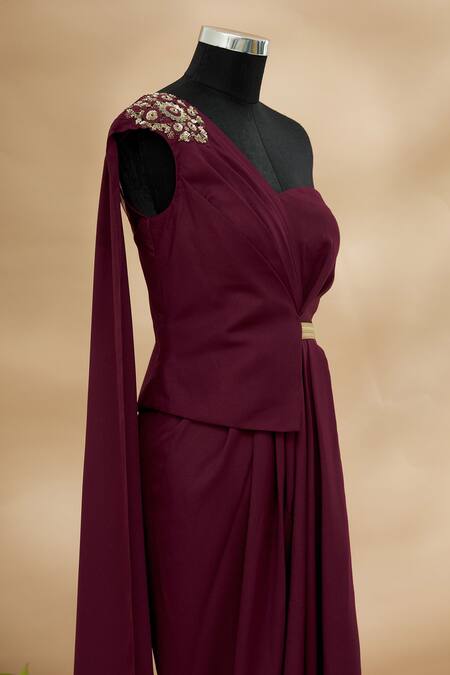 Buy Tarun Tahiliani Maroon One Shoulder Draped Jumpsuit Online at Aza Fashions Buy_Tarun Tahiliani_Maroon One Shoulder Draped Jumpsuit_Online_at_Aza_Fashions