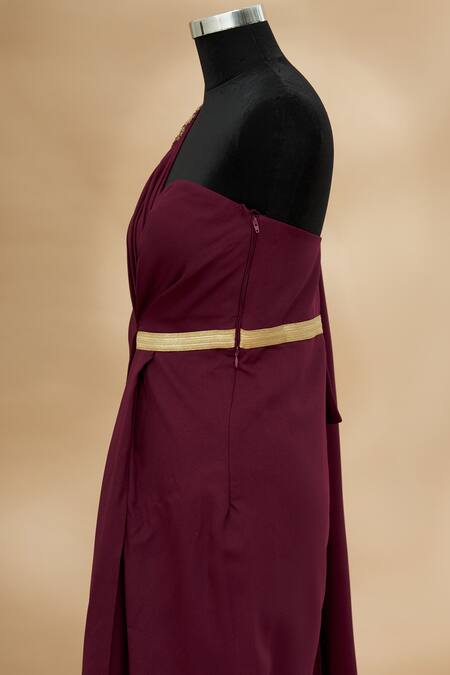 Shop Tarun Tahiliani Maroon One Shoulder Draped Jumpsuit Online at Aza Fashions Shop_Tarun Tahiliani_Maroon One Shoulder Draped Jumpsuit_Online_at_Aza_Fashions